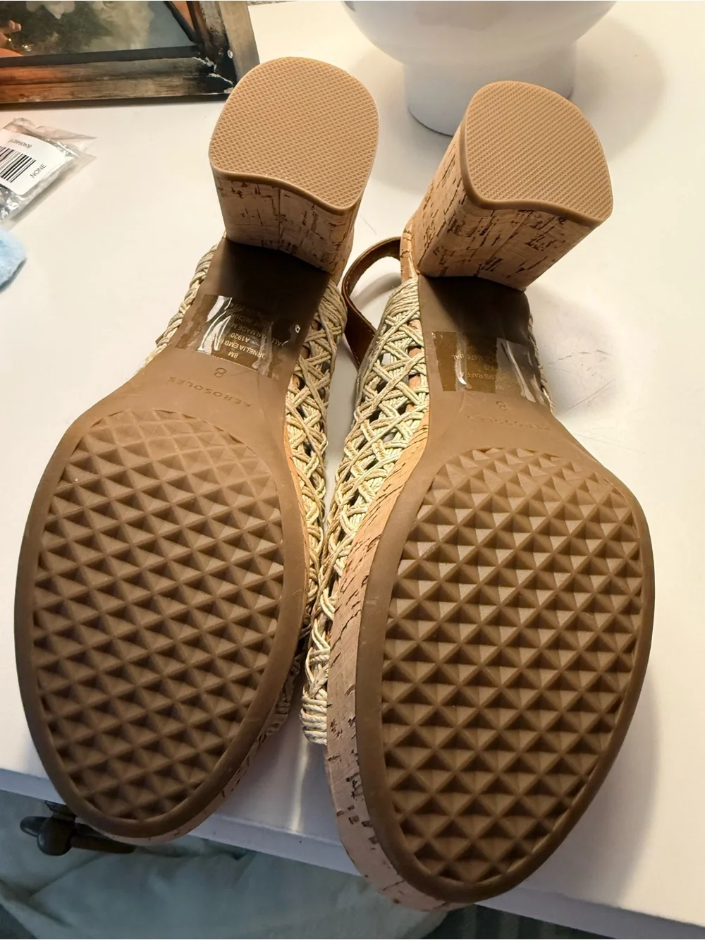 AEROSOLES Cornelia Raffia Natural Woven Platform Sandals with Tan Strap